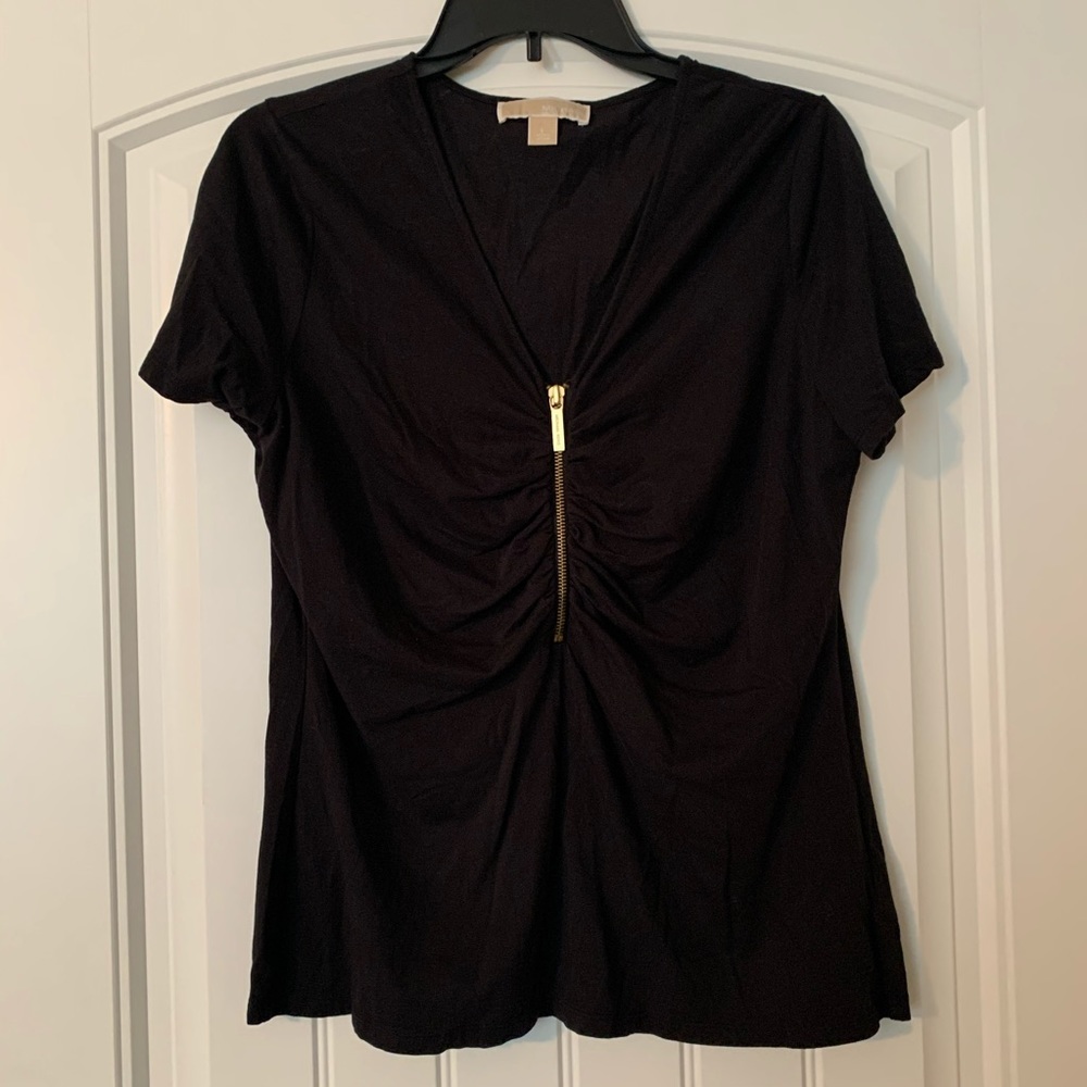 Michael Kors Large Black Zip V neck Blouse Top